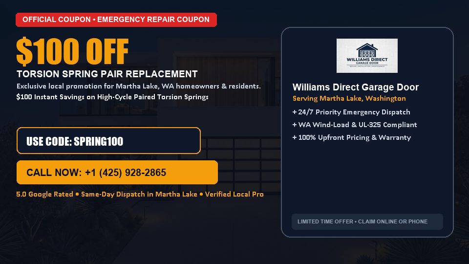 Williams Direct Garage Door $100 OFF Dual Torsion Spring Replacement in Martha Lake, WA